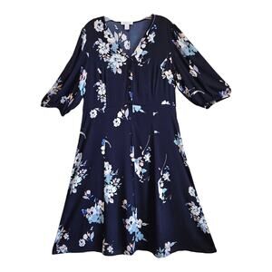 NORDSTOM SIGNATURE Women's 12 Silk Dress Shirtdress Button Up Navy Floral Midi
